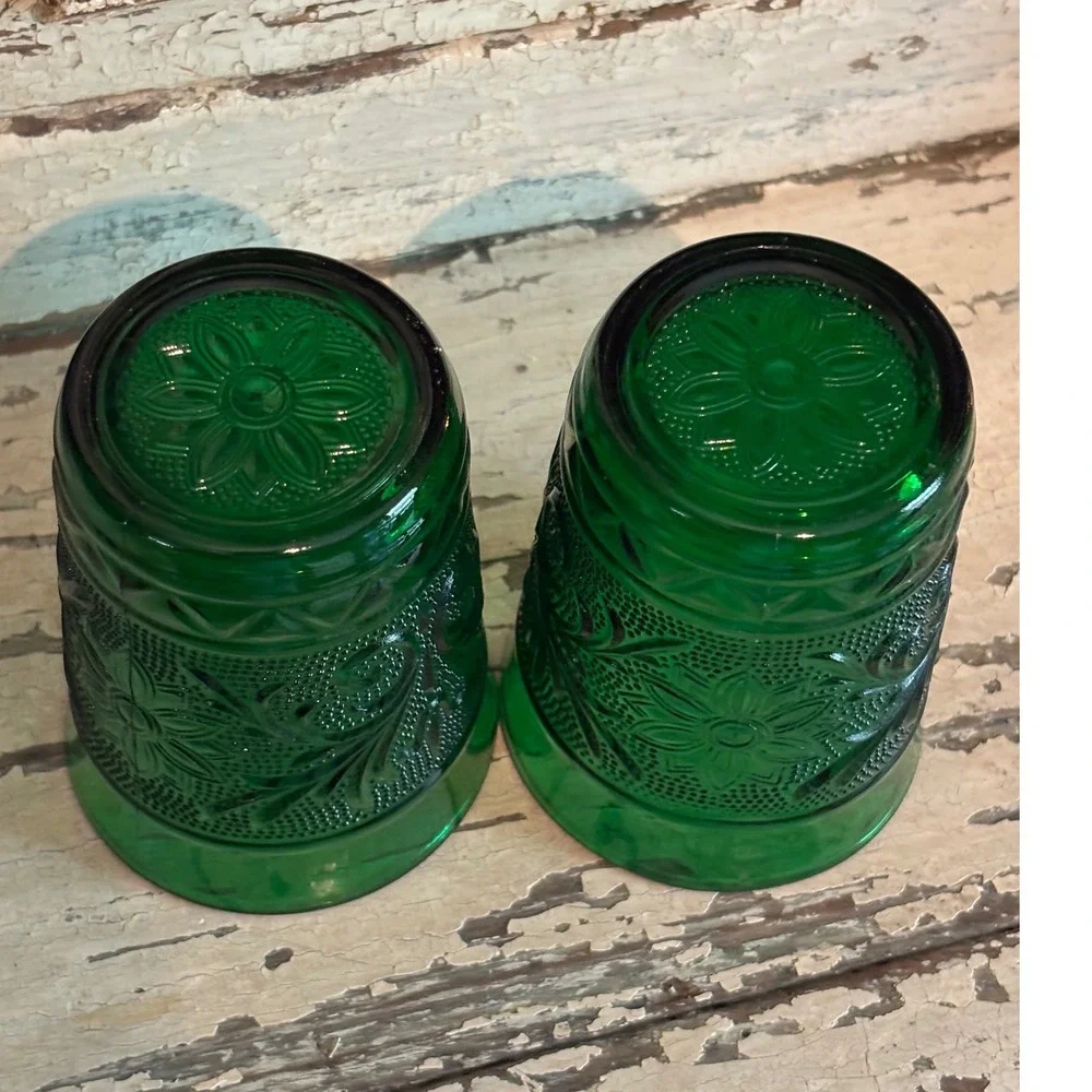 Vintage Emerald Green Indiana Glass Tumblers Floral Juice Glasses Set of 2 4in
